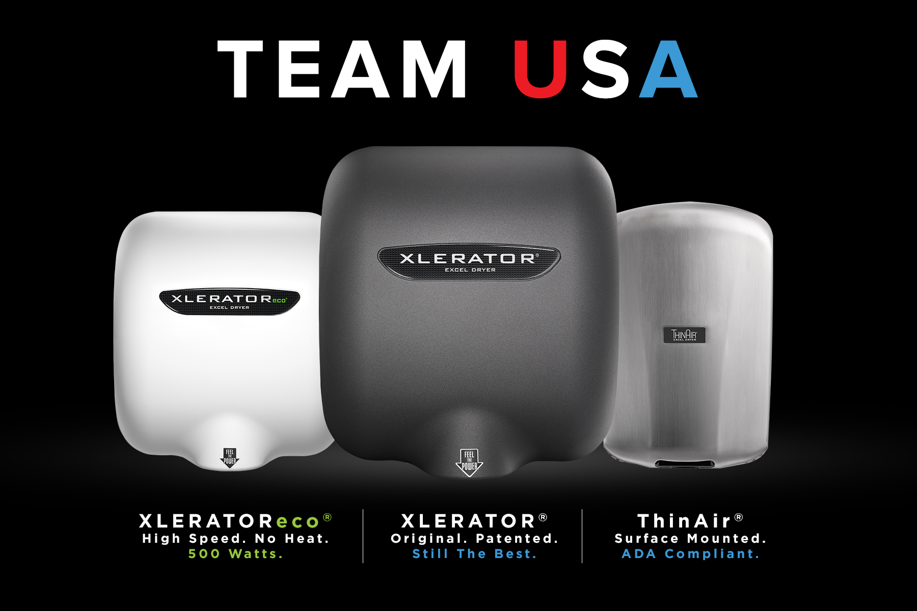 XLERATOR Hand Dryers on a black background under text that reads ‘Team USA’ 
